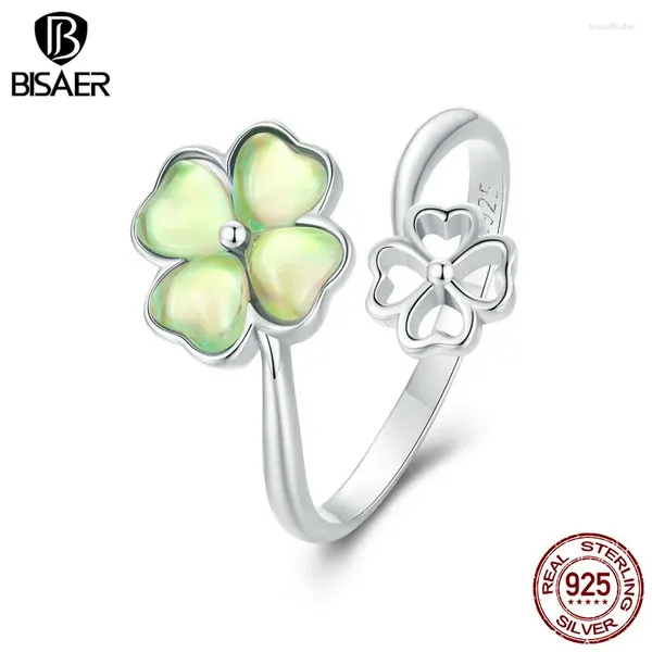 Ringos de cluster bisaer 925 prata esterlina verde verde de quatro folhas de quatro folhas anel aberto tamanho 5-9 Lucky Leaf Bandado de ouro branco para mulheres jóias finas