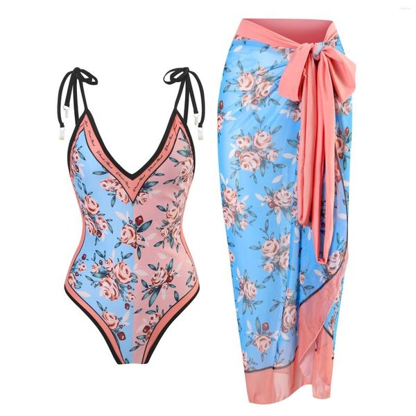 Swimwear femminile 2024 Floral Stampa Retro One Piece Swimsuit Donne vintage con gonna abito da bagno sexy abito da body monokini abito da spiaggia