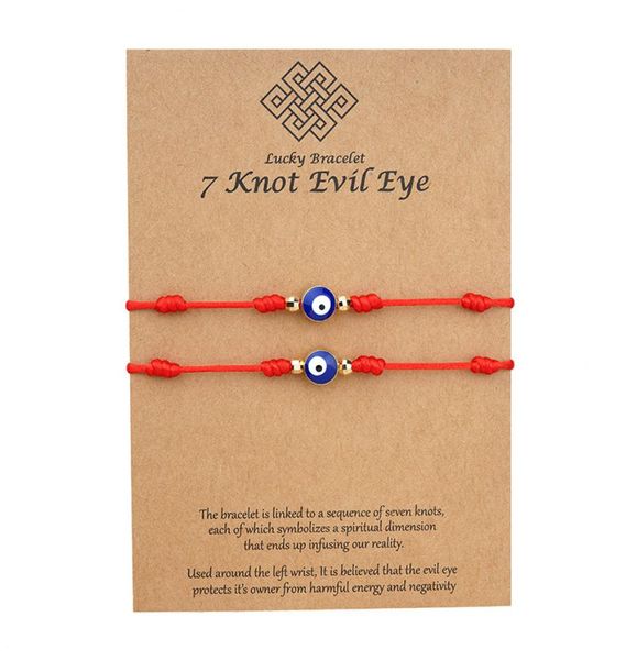 7 Knoten Blau Evil Eye Armband Papierkarte Armband Einstellbare glückliche rote Stringarmbänder Paar Schmuck Freundschaft Armband 2PSCS2602448