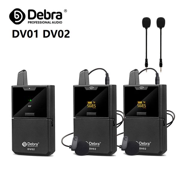 Microfones DEBRA DV01 DV02 Microfone Lavalier sem fio UHF com range de 50m de monitor de áudio para câmeras DSLR Entrevista de gravação ao vivo