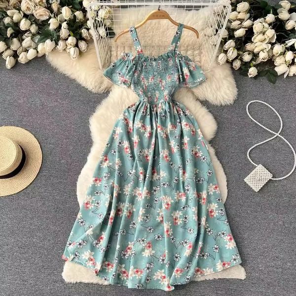 Yuoooooo Romântico Estamão floral Vestido de verão longo Mulheres de moda de ombros tiras de férias Praia Festa coreana Vestidos 240329