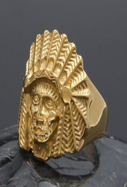 Mens Hip Hop Gold Gioielli Giolleria retrò capo indiano Punk Vintage esagerato in lega di metallo Rings88835529