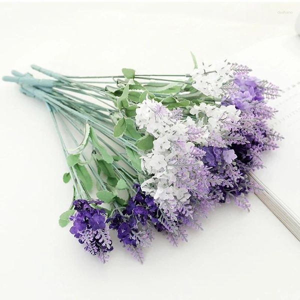 Flores decorativas 10 cabeças Provence lavanda plástico artificial buquê roxo Fake Flower Branco para casa Decoração de casamento romântico