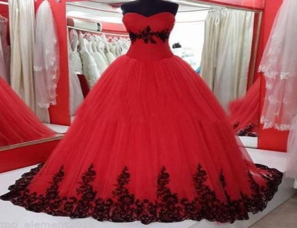 Novos vestidos de noiva góticos de chegada vestido de bola puffyfy vermelho e preto apliques de renda macia vestidos de noiva de tule macio