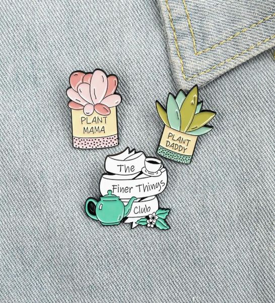 Cartoon criativo Plantas fofas de personagens pinos de esmalte rosa bule de chá verde mamãe cactus broches presente para amigas pinos de lapela 7989990