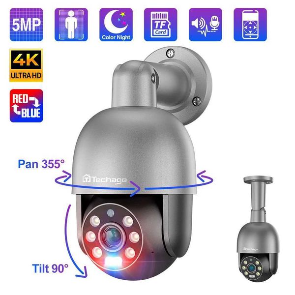 Câmeras IP Techage 4K 8MP Câmera IP de 5MP Alerta de luz azul vermelho de detecção humana Visão noturna Poe Segurança Câmera de vigilância de vídeo 240413