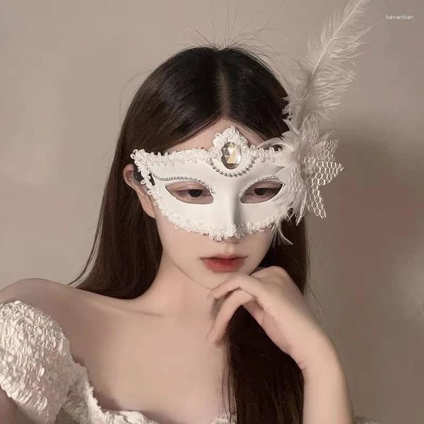 Forniture per feste Feather Rhinestones Women Masquerade Maschera in pizzo Floro Fashi