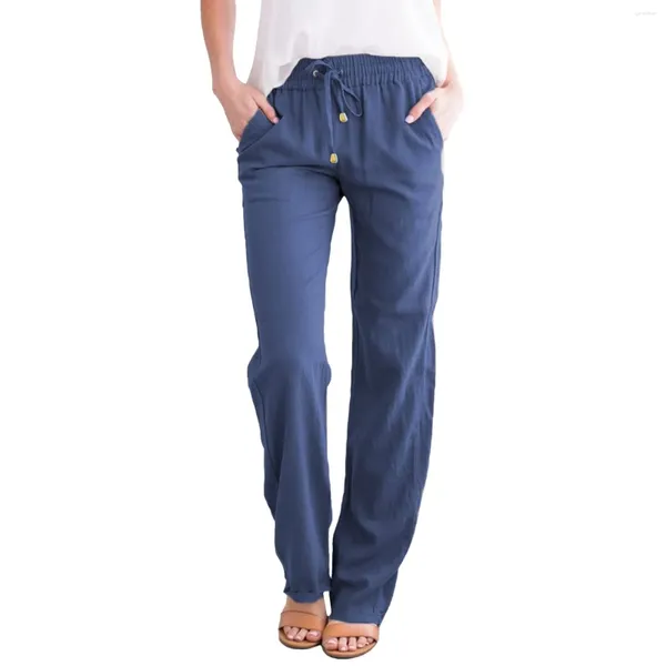 Calça feminina Casual Casual Color Algodão e linho largura com cintura elástica Longa calças elegantes