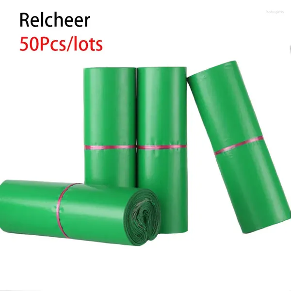 Stume di stoccaggio Relcheer personalizzare il logo Post Post Green Green Color Abbigliamento in plastica Express Express 50pcs PE Logistica Packaging