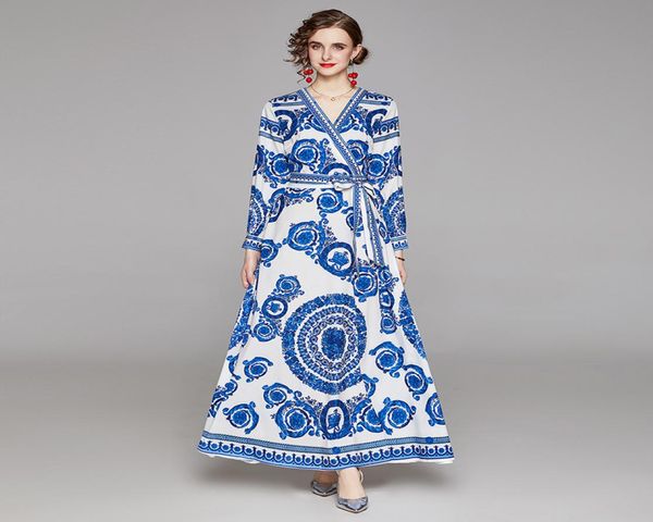Новый 2021 Красивый печатный сексуальный VNECK MAXI платья Женщина вечеринка Элегантная дизайнерская дамская лентная лентная лента. Случайные офисные платья плюс S3803843