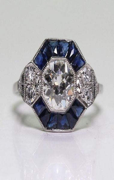 Антикварные украшения 925 стерлинговой серебряный алмаз -сапфир свадебная невеста обручальный размер кольца ар -деко 5126828170
