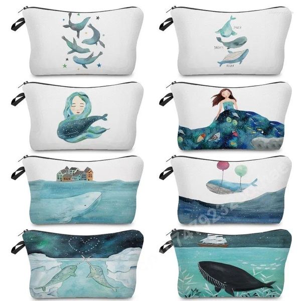 Bolsas de cosméticos Prind Print Print Feminino Bolsa de maquiagem Kawaii Sea Série Sea de grande capacidade Organizador Eco Lápis para crianças