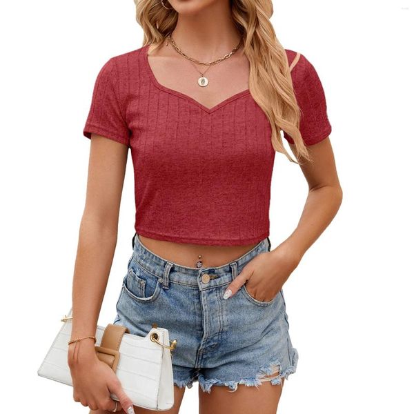 Frauen T-Shirts Mode Sommer Womens Rippte Crops Casual Solid Color V Neck Kurzarm T-Shirt Slim Fit Cropped Clubwear Party