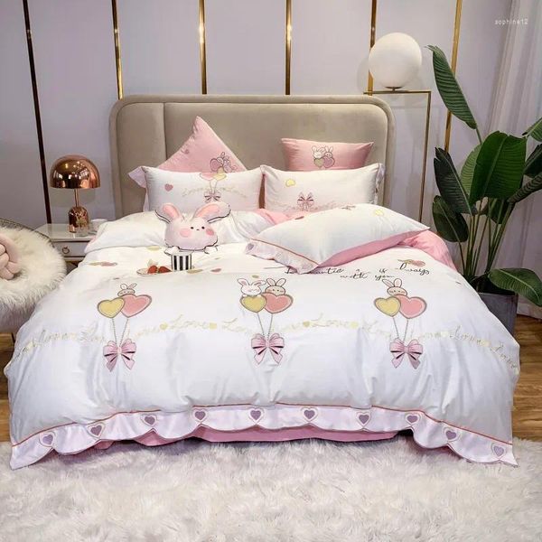 Set di biancheria da letto di lusso bianco/rosa 600tc Cotton egiziano in palloncini Amore da ricamo a palloncini set di coperture piumone fogli fogli