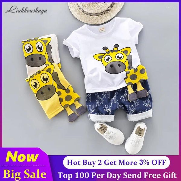 Caso conjuntos de roupas menina bebê conjunto para meninos 2024 meninas fofas de verão roupas casuais giraffe top shorts azuis ternos de crianças 1-4 y