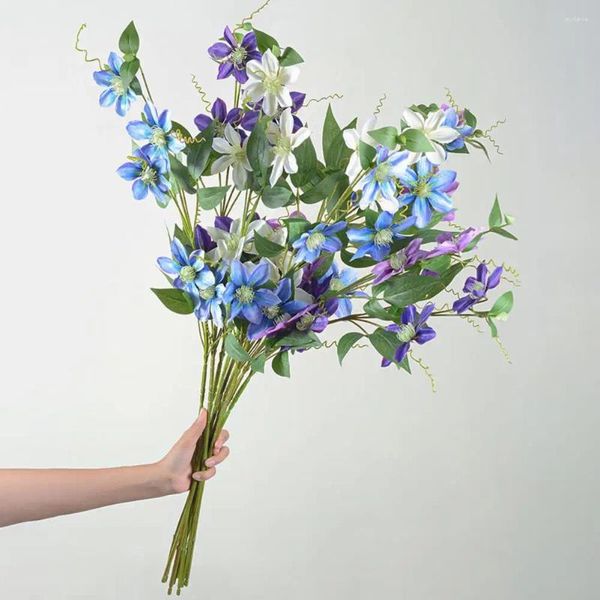 Flores decorativas Clematis Flower Branch com STEM Home Faux Silk Floral Decor de festas de casamento Decoração de jardim