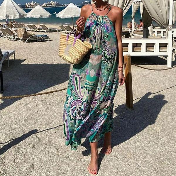 Abiti casual Donne Stampa Fashion Sling Boho Dress Long Abito Spring Halter Sleeveless Party Summer Holiday Beach Maxi Maxi