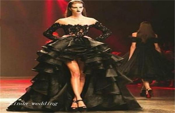 Abito da ballo basso nero con maniche lunghe sexy in pizzo organza da donna indossare abiti per occasioni speciali abito da sera 202020563