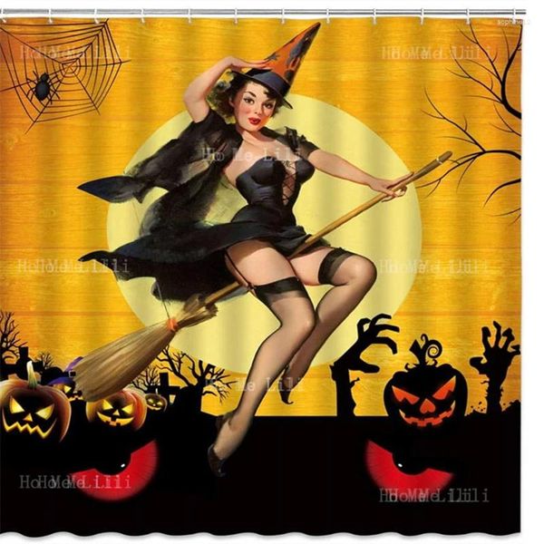 Cortinas de chuveiro Curta de bruxa sexy Halloween Eyes Ghost Eyes Pumpkin Retro Pin Up Girl Body Art Decor Yellow Fabric Banheiro