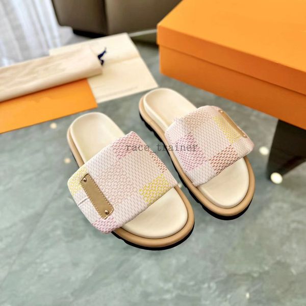 Tasarımcı Havuz Yastığı Moda Terlik Plaj Vintage Sandal Sunny Slayt En Kaliteli Platform Yaz Erkekler Slipper Kadınlar Düz Ayakkabı Katır Çiftleri Yastık Hediyesi 4.9 06