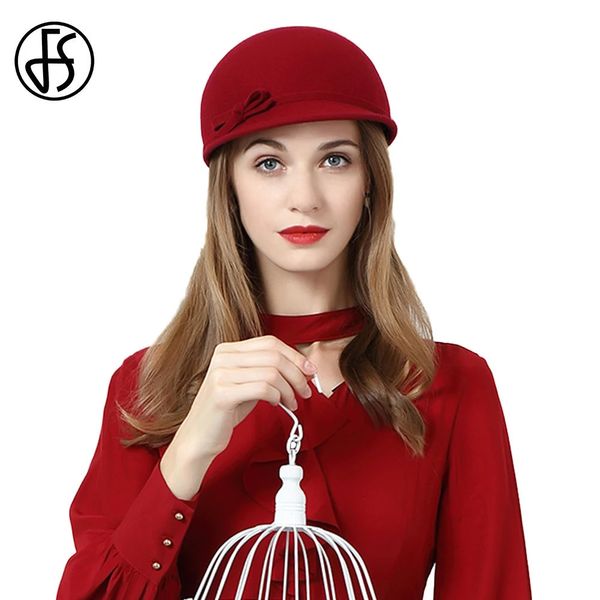 Fs elegante Wein rote Wolle Filz Fedoras Spring Britische Top -Hüte für Frauen Knight Mütze formelle Cocktailparty Millinery 240412