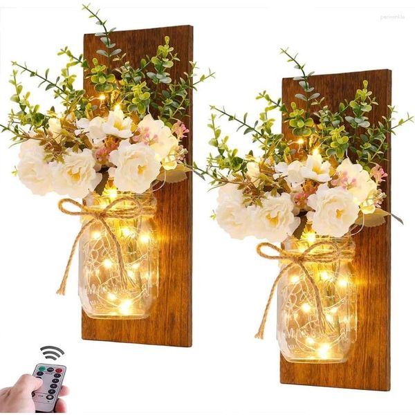 Vasi 2 pcs Design appeso a parete fatta a mano con luci da fata a LED di telecomando e peonie bianche per decorazioni decorative per la casa