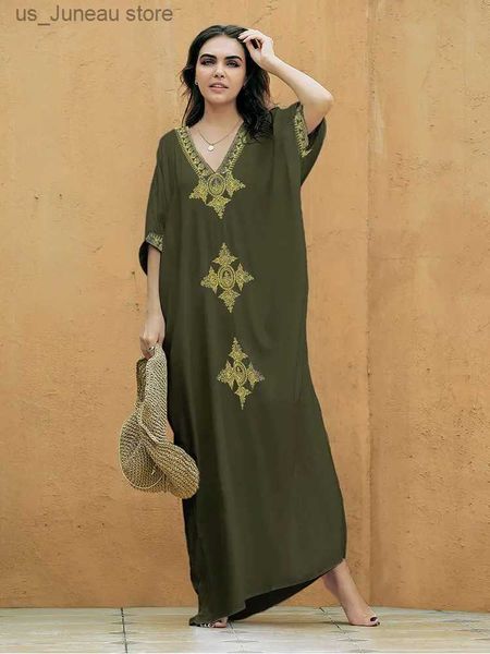 Abiti casual di base 2024 Elegante abito da scollo a V kaftan retrò kaftan per donne abiti per le vacanze estate usarsi maxi abiti Q1373 1 T240412