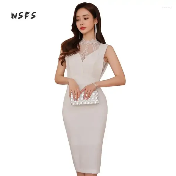 Abiti casual estate in pizzo bianco ONECK Ruffles Whow out Women Dress Office Lady Bandage Vintage Bandage Pencil Sexy Patry Midi Vestidos