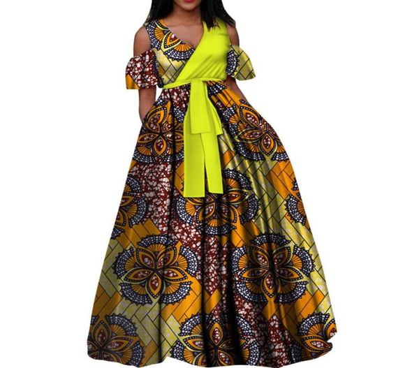 Мода африканские восковые платья для женщин Bazin Riche 100 Cotton Vneck Dutu Dress vestidos Африканская дизайнерская одежда WY33762952675