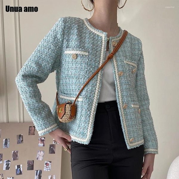 Jackets femininos elegantes casaco xadrez curto de tweed feminino outono da primavera 2024 Trendência simples clássico de juba