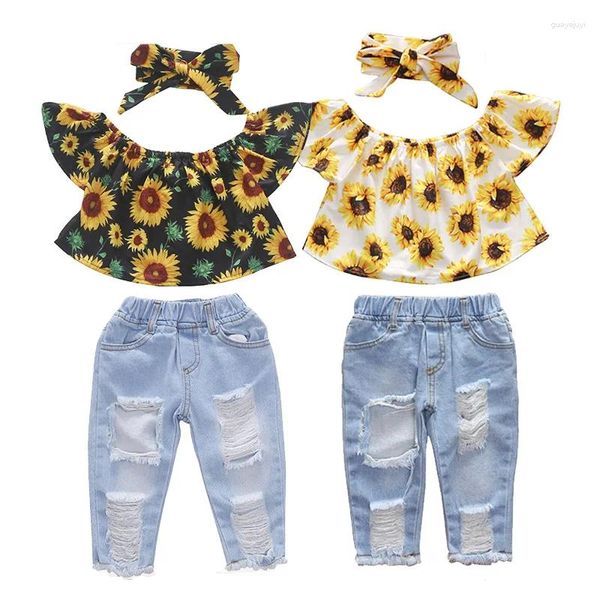 Roupas conjuntos de 1 a 6 anos de verão crianças roupas de menina de menina meninas de mangas voadoras de sol calça de jeans curta de jeans 3pcs