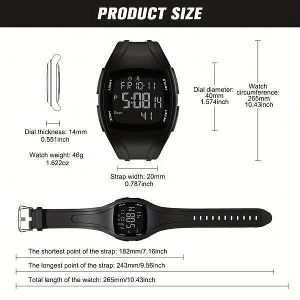 Relógio digital masculino, esportes ao ar livre relógios eletrônicos à prova d'água com LED Backlight 5D Pedômetro Countdown Stopwatch Stopwatch