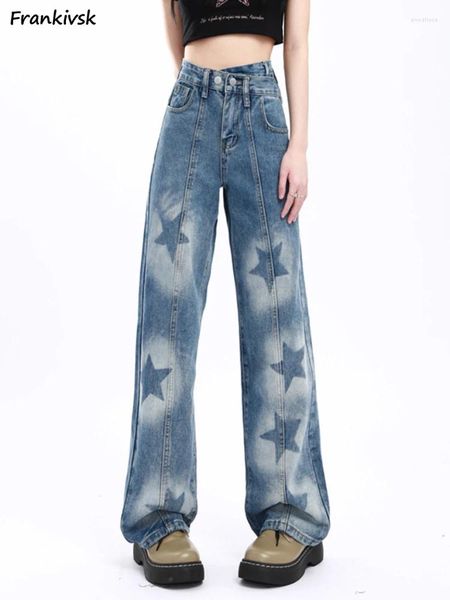 Jeans femminile stampa geometrica donna gamba larga gamba sciolta in stile europeo alla moda per il tempo libero asimmetrico Bleached High Wiled Punk Retro