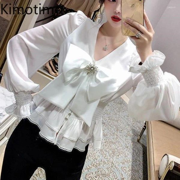 Bloups feminina Kimotimo Blusa Mulheres French Fashion V pescoço grande cintura arco -arco com ruff ladies tops 2024 primavera verão fino manga longa elegante