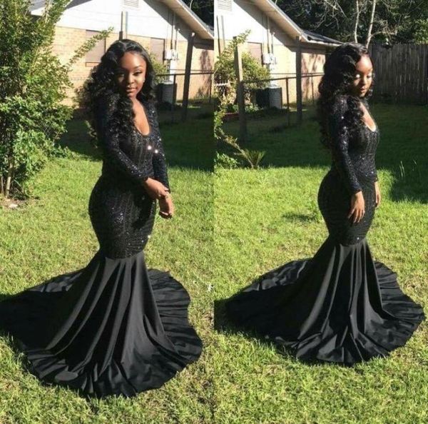 Sexy elegante schwarze Mädchen Prom Kleider Abendkleider formale Kleider Mermaid Langarm Vneck Festzugskleid mit Pailletten8515780