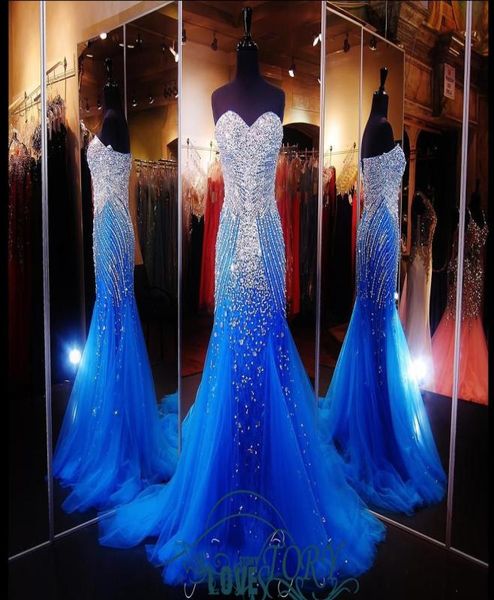 2019 Luxury Blue Mermaid Prom Pageant Dress com Sweetheart Sareseless Sweep Swekling Crystal Beading Tulle Evening formal 9999482