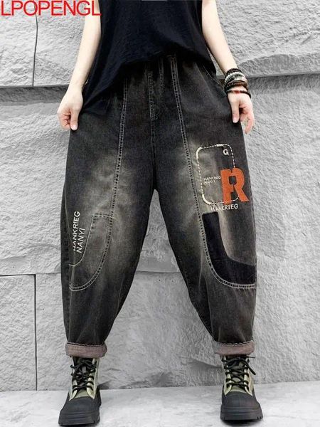 Frauen Jeans Frau 2024 Spring Retro Ethnic Style Delessed Denim einfache literarische elastische Taille Lose Streetwear Straße Hosen