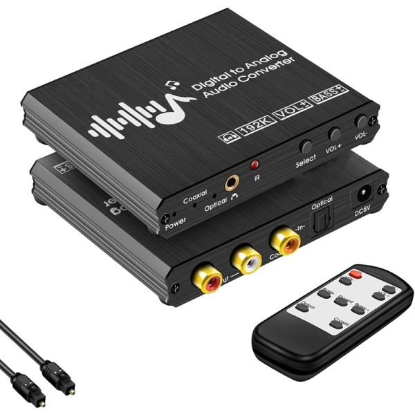 Коннекторы DAC Converter 192 кГц/24 -битный цифровой в аналоговый аудиотеологический стерео с помощью басового объема IR Дистанционное управление 3,5 мм адаптер