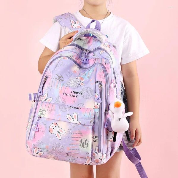 Backpack Cartoon Print Nylon Bookbags com pingente de pelúcia de verão Kawaii Capacity Woman College Rucksack