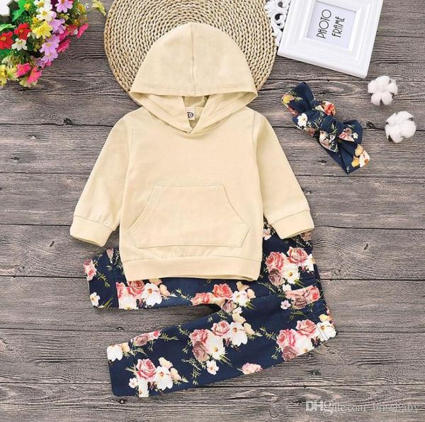 Baby Girls Cartoon Set Säuglingsmädchen Solid Long Sleeve Hoodie Kids Designer Kleidung Kleinkind Baby Outfits Blumenhose mit Stirnband 1026364