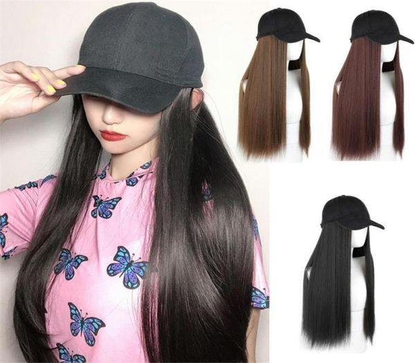 Fashion Women Knit Hat Baseball Cap Baseball Parrucche Dritti capelli lunghi grandi estensioni di capelli ricci ondulati Girl Beret Nuovo Design Simulazione Capelli Y2072213