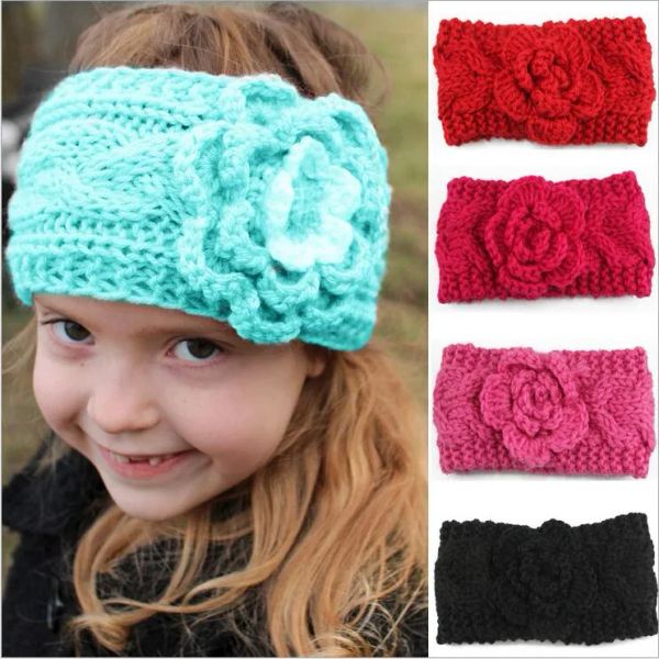 Big Girls Kids Inverno Lã Crochet Bandas de cabeça Flores para crianças quentes de estilo europeu Aquecedores de ouvido crianças trançadas besteiras