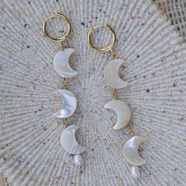 Orecchini penzolanti Moon Crescent Charms perle di guscio naturale corni a ciondolo bianco Madre di Pearl Earring Gioielli