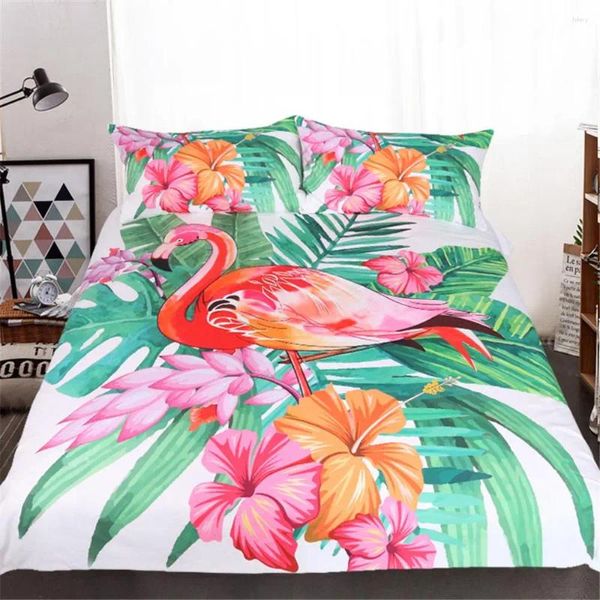 Conjuntos de cama 40 Pink Flamingo Conjunto impresso Tropical Plant Flower Polyester Tampa de edredão com travesseiro 3 PCS Único duplo 80026