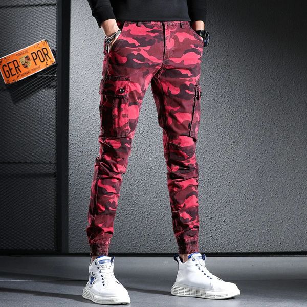 Hosen Rot Camouflage Cargo Hosen Männer Hip Hop Streetwear Taktische Multi -Taschen -Baumwollhose