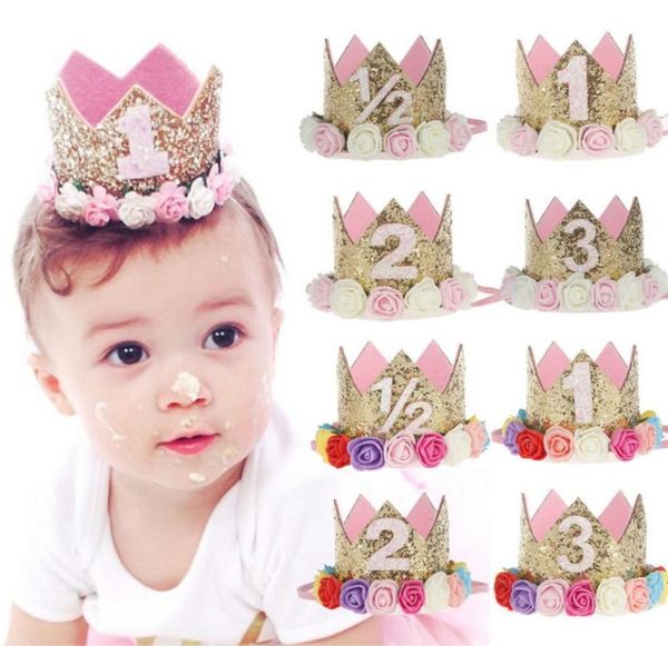 Симпатичные новорожденные мини -блестки Золотая корона с розовыми цветами повязки по поводу повязки для маленьких девочек Короны