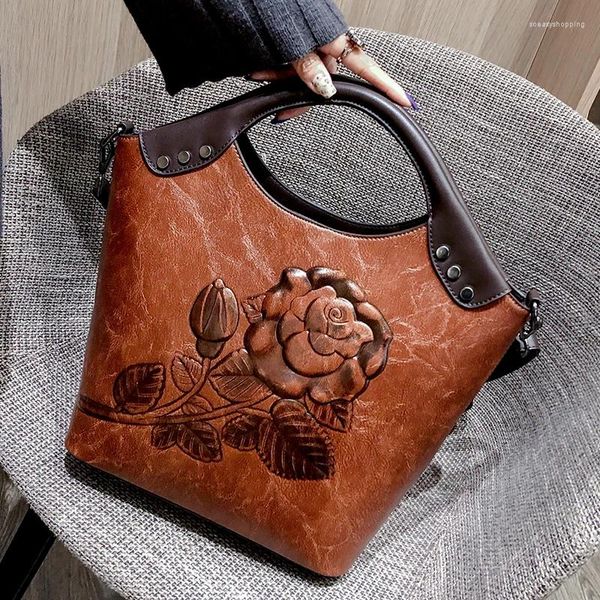 Borsa borse di lusso da donna BASS DESIGNER VINTAGE Tote Pu Leather Retro Floral femmina Messenger Mother Shopping Spalla