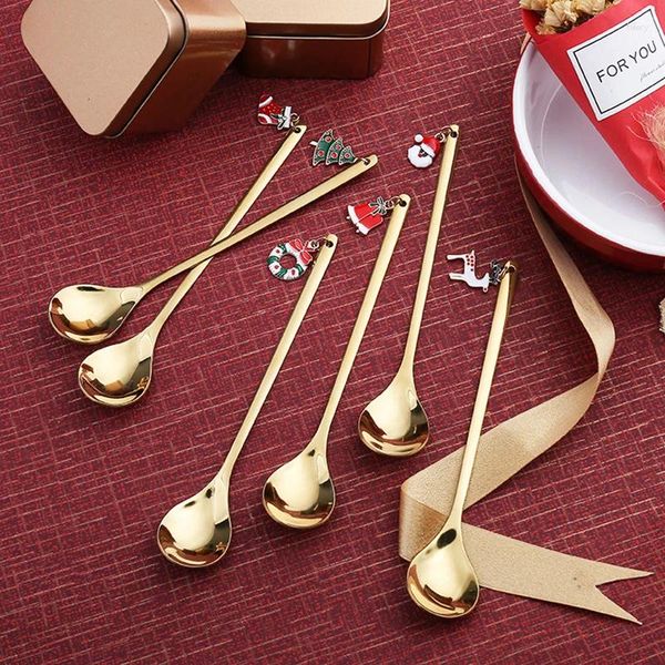 Coffee Scoops Set regalo di Natale Spoon e forcella in acciaio inossidabile Gold Silver Babbo Natale Babbo Natale Stampelle Collette Tavolo Table Tavolo Dessert Tree