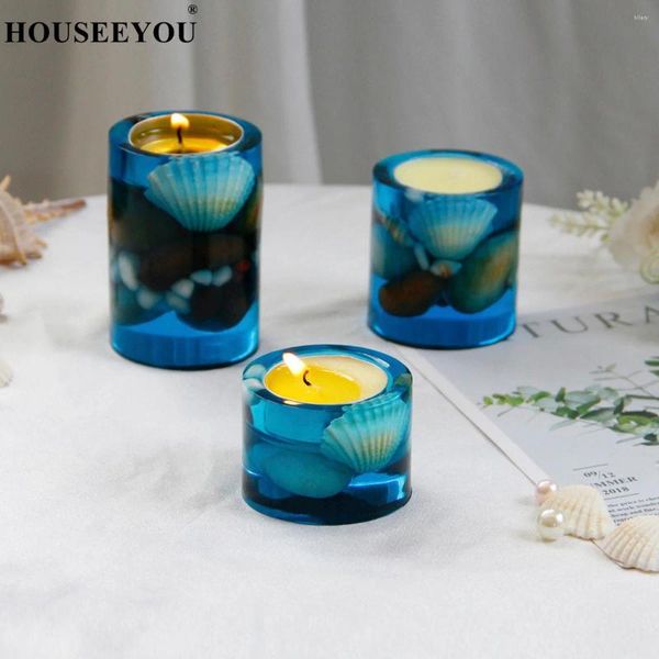 Candele guscio mediterraneo incorporato a bordo blu chiaro Candtresticio di lusso di decorazioni cilindriche arredi di decorazioni per la casa Ornere