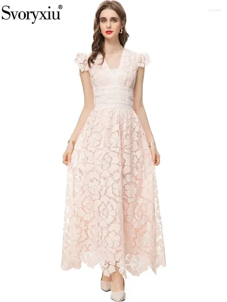 Abiti casual Svooryxiu Fashion Designer Party Summer Party Pink Elegant Long Dress Women's Neck High Waist Flower Hollow A-Line